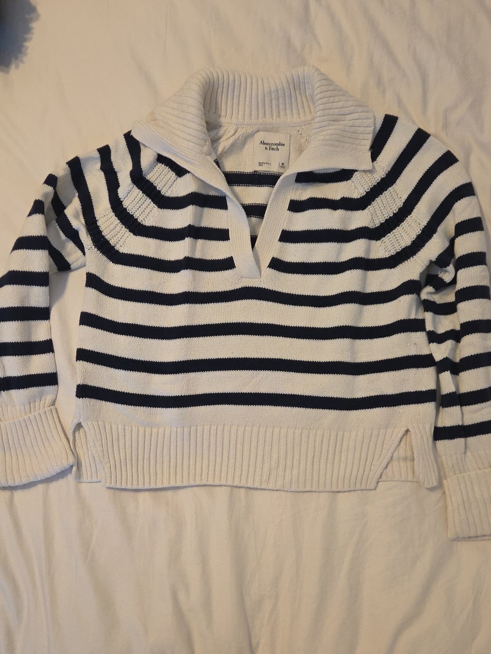 Abercrombie & Fitch White and Navy Striped Cowl-Neck Pullover